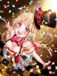  1girl :d bang_dream! bangs bare_shoulders blonde_hair blush bow bowtie breasts checkered checkered_floor cleavage confetti earrings eyebrows_visible_through_hair frilled_skirt frills from_above hat hat_bow highres jewelry kamita long_hair looking_at_viewer medium_breasts open_mouth outstretched_arms planet_earrings polka_dot polka_dot_bow polka_dot_neckwear sidelocks skirt sleeveless smile solo spread_arms top_hat tsurumaki_kokoro yellow_eyes 