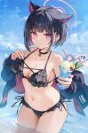  2girls ahoge alternate_costume animal_ears bikini black_bikini black_choker black_hair black_jacket blue_archive cat_ears choker colored_inner_animal_ears colored_inner_hair commentary crazy_straw cup drinking_straw extra_ears food frilled_bikini frills halo heart heart-shaped_eyewear heart_straw highres holding holding_cup ice_cream jacket kazusa_(blue_archive) kita_(kitairoha) looking_at_viewer multicolored_hair multiple_girls ocean one-piece_swimsuit open_clothes open_jacket pink_hair pink_halo reisa_(blue_archive) solo_focus swimsuit two-tone_hair wading 