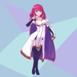  1girl armor black_skirt black_thighhighs breastplate cape celica_(fire_emblem) choker dabuman dress fingerless_gloves fire_emblem fire_emblem_echoes:_shadows_of_valentia fire_emblem_engage gloves long_hair princess purple_eyes red_hair skirt thighhighs tiara white_armor white_dress 