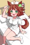  1girl absurdres ahoge alternate_costume animal_ears bad_link bed blush breasts clenched_hand collarbone green_eyes hair_ornament hat highres horse_ears horse_girl looking_at_viewer medium_breasts medium_hair nurse nurse_cap open_mouth rhein_kraft_(umamusume) shoes sodeshita_marshmallow solo star_(symbol) star_hair_ornament umamusume 