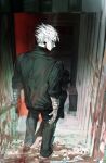  1boy back bandaged_arm bandaged_hand bandages black_jacket black_pants blood blood_on_clothes blood_on_ground blood_on_wall brown_shoes closed_mouth earrings full_body gaku_(sakamoto_days) hair_slicked_back highres jacket jewelry looking_back male_focus nose pants parted_bangs peiyujie1 sakamoto_days shoes sideways_glance solo white_hair 