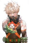  2boys animal_ears bakugou_katsuki bare_shoulders belt blonde_hair boku_no_hero_academia buckle cowboy_shot depisx detached_sleeves dog_boy dog_ears dog_tail double-parted_bangs explosive gloves grenade hair_between_eyes high_collar highres holding kemonomimi_mode kirishima_eijiro male_focus multicolored_gloves multiple_boys open_mouth outstretched_arm popped_collar red_eyes red_hair sanpaku scar scar_on_cheek scar_on_face scar_on_shoulder short_hair simple_background sleeveless snap-fit_buckle spiked_hair standing tail teeth v-shaped_eyebrows white_background 