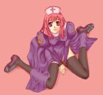  1girl black_thighhighs breasts closed_mouth commentary_request cross cross_necklace dress from_above full_body hat itsuru jewelry juliet_sleeves long_hair long_sleeves looking_at_viewer lowres medium_breasts necklace nurse_cap pink_background pink_hair priest_(ragnarok_online) puffy_sleeves purple_dress purple_shoes ragnarok_online shoes simple_background sitting smile solo thighhighs wariza white_hat 