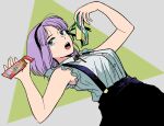  1girl black_hairband black_skirt blue_eyes breasts dagashi_kashi food food_wrapper hairband hatimoto holding holding_food looking_at_viewer open_mouth purple_hair shidare_hotaru shirt short_hair simple_background skirt sleeveless sleeveless_shirt solo suspender_skirt suspenders two-tone_background umaibou white_shirt 