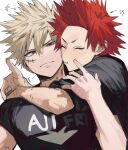 2boys :t absurdres arms_around_neck bakugou_katsuki black_shirt blonde_hair boku_no_hero_academia cheek_poking closed_eyes closed_mouth commentary depisx hair_between_eyes hashtag-only_commentary highres kirishima_eijiro male_focus multiple_boys poking print_shirt red_eyes red_hair scar scar_on_cheek scar_on_face shirt short_hair short_sleeves simple_background spiked_hair t-shirt upper_body white_background yaoi 