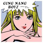  1girl album_cover arm_rest blonde_hair blue_background blue_eyes border colored_skin cover eguchi_hisashi english_text gingnangboyz group_name head_on_hand head_rest looking_at_viewer lowres nude official_art pink_skin portrait red_lips red_nails screentones second-party_source solo white_border 