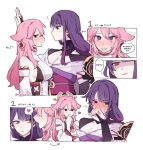  2girls animal_ears blush breasts cleavage closed_mouth commentary detached_sleeves dress english_commentary english_text fox_ears genshin_impact heart highres japanese_clothes kimono large_breasts long_hair mole mole_under_eye multiple_girls nonons open_mouth pink_hair purple_eyes purple_hair purple_kimono raiden_shogun sideboob simple_background speech_bubble sweat thought_bubble white_background white_dress yae_miko yuri 