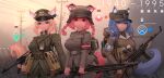  3girls animal_ear_fluff animal_ears armband assault_rifle backpack bag belt blonde_hair blue_eyes blue_hair braid breasts brown_belt brown_jacket brown_pants cold_war combat_helmet dog_ears dog_tail ears_through_headwear estonia estonian_flag explosive fang_zhenjun green_eyes green_hat grenade gun hat helmet highres holding holding_gun holding_weapon hood hooded_jacket jacket large_breasts latvia latvian_flag lithuania lithuanian_flag long_sleeves machine_gun magazine_(weapon) medium_breasts mg42 military_combat_uniform military_uniform mp40 multiple_girls original pants red_eyes red_hair rifle side_braid side_braids soldier stahlhelm standing stg44 stielhandgranate submachine_gun tail weapon 