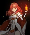  1girl armor black_skirt breastplate cape celica_(fire_emblem) commission commissioner_upload dress earrings fingerless_gloves fire fire_emblem fire_emblem_echoes:_shadows_of_valentia gloves highres jewelry light_smile long_hair magic muis0802 orange_eyes orange_hair princess red_eyes red_hair skirt solo tiara white_armor white_dress 