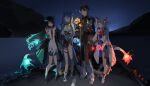 1boy 3girls absurdres aqua_horns arknights bead_bracelet beads black_hair blue_hair bracelet brother_and_sister chongyue_(arknights) colored_extremities colored_skin dragon_boy dragon_girl dragon_horns dragon_tail dusk_(arknights) earrings eastern_dragon_tail fiery_tail fire flame-tipped_tail gradient_skin green_hands green_horns green_skin highres horns jewelry ling_(arknights) multicolored_hair multiple_girls nian_(arknights) pointy_ears purple_eyes red_eyes siblings sisters spirallllll streaked_hair tail tassel tassel_earrings white_hair 