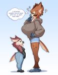 absurd_res anthro avery_(budoti) avian avian_feet beak big_breasts bird blakiston&#039;s_fish_owl bodily_fluids bottomwear breasts brown_eyes budoti calla_(budoti) clothed clothed_anthro clothed_female clothing denim denim_bottomwear denim_clothing denim_shorts dialogue duo eastern_screech_owl english_text eyewear feathers female fingers glasses grey_body hand_on_hip hi_res hoodie hotpants huge_breasts humor jeans ketupa larger_anthro larger_female owl pants question_mark screech_owl short_stack shorts side_profile side_view size_difference smaller_anthro smaller_female sweat sweatdrop tail tail_feathers text thick_thighs thought_bubble topwear true_owl wearing_glasses yellow_sclera