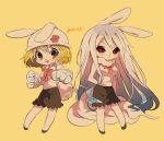  1girl animal_ears bangs black_sclera black_skirt blonde_hair blush breasts bunny_ears carrot_(one_piece) chibi gloves hat large_breasts long_hair one_piece open_mouth paw_gloves paws rabbit_girl red_eyes short_hair simple_background skirt sleeveless smile tail tokuura white_hair yellow_background 