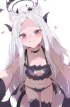  1girl ahoge black_halo blue_archive blush breasts cat_lingerie demon_girl demon_horns demon_wings halo heart highres hina_(blue_archive) horns long_hair looking_at_viewer meme_attire purple_eyes simple_background small_breasts solo standing ura_ra1800 white_hair wings 