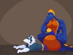  2020 4:3 4_toes absorption_vore after_vore animated anthro anthro_pred anthro_prey arm_support ball_bulge balls barefoot biceps big_balls biped black_nose blinking blue_body blue_fur blue_penis blue_skin bottomwear brown_background brown_text canid canine canis capcom clenched_teeth clothed clothing cock_vore countershade_torso countershading darkstalkers digital_media_(artwork) dragon duo erection feet_first fingers fish forced frame_by_frame front_view fur fur_tuft genitals glans grey_body grey_fur grindzy_(nephiclav) hair half-closed_eyes hand_on_leg head_crest head_tuft huge_balls humanoid_genitalia humanoid_penis hybrid hyper hyper_balls hyper_genitalia inside jon_talbain kick long_tail looking_away loop lying male male_pred male_prey mammal marine markings multicolored_body multicolored_fur muscular muscular_anthro muscular_male narrowed_eyes neck_tuft nephiclav nude on_front on_ground open_mouth orange_body orange_countershading orange_skin orange_spikes paws pecs penile penis pixel_(artwork) pixel_animation purple_bottomwear purple_clothing purple_shorts same_size_vore scared short_hair short_playtime shorts side_view signature simple_background sitting sitting_on_balls smile soft_vore struggling teeth text three-quarter_view toes toony topless topless_male triceps tuft video_games vore wolf yellow_glans yellow_markings yellow_sclera 