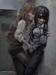  2girls against_wall arms_behind_back ball_gag bdsm black_blindfold black_hair black_pantyhose blindfold blue_shirt bondage bound bound_arms bound_legs brown_eyes brown_hair collared_shirt denim gag gag_harness gagged grabbing_another&#039;s_breast groping highres jeans long_hair looking_at_another multiple_girls niu_yeye original pants pantyhose pencil_skirt restrained saliva_drip shibari shibari_over_clothes shirt skirt standing very_long_hair white_shirt yuri 