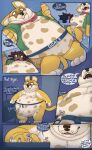 american_mythology anthro belly big_belly blue_background chupacabra comic denatured_albumin_(character) denaturedalbumin domestic_cat felid feline felis fur group hi_res huge_belly inside male mammal mouse murid murine mythology obese overweight rodent simple_background speech_bubble text weight_gain yellow_body yellow_fur yellow_sclera