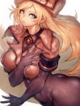  1girl ass blonde_hair bodysuit breasts covered_nipples fumio_(rsqkr) guilty_gear guilty_gear_strive highres large_breasts long_hair looking_at_viewer millia_rage simple_background solo white_background 
