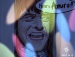  1boy 2025 amuro_ray broken_door commentary_request cosplay crazy_eyes dated derivative_work door energy english_commentary english_text fake_screenshot gundam gundam_gquuuuuux here&#039;s_johnny!_(meme) jack_torrance jack_torrance_(cosplay) mecha_pilot_suit meme military_rank_insignia mixed-language_commentary mobile_suit_gundam parody qingmingtongzi realistic red_hair scene_reference science_fiction signature speech_bubble teeth the_shining zeknova 