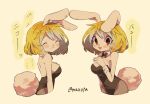  1girl animal_ears bangs bare_shoulders blonde_hair blush breasts bunny_ears bunny_tail carrot_(one_piece) closed_eyes detached_collar fishnet_legwear fishnets large_breasts leotard multiple_views one_piece open_mouth playboy_bunny rabbit_girl red_eyes short_hair smile strapless tail tokuura wrist_cuffs 