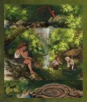  3boys barefoot blonde_hair border brown_hair child english_commentary fishing fishing_rod forest from_side full_body highres holding holding_fishing_rod leaf long_hair long_sleeves multiple_boys nature original outdoors planted planted_sword profile rock russian_commentary shirt short_hair shorts sitting smile sparkle stream sunlight sword tree vinsenta wading water waterfall weapon 