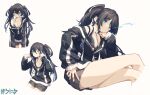  1girl baronilu bikini bikini_top_only bikini_under_clothes black_bikini black_bra black_hair black_jacket black_rock_shooter black_rock_shooter_(character) black_shorts blue_eyes bra breasts cleavage closed_mouth cropped_legs crossed_legs flaming_eye hair_between_eyes highres jacket long_hair long_sleeves looking_at_viewer multiple_views no_shirt off_shoulder partially_unzipped shorts simple_background sitting small_breasts swimsuit twintails underwear white_background zipper_pull_tab 