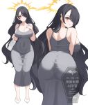  1girl absurdres adversarial_noise alternate_costume ass bag black_hair blue_archive blush breasts commentary covered_navel dongtan_dress dress from_behind full_body grey_dress hair_over_one_eye high_heels highres hinata_(blue_archive) huge_ass kurochomo large_breasts long_hair looking_at_viewer looking_back meme_attire red_eyes shoes shoulder_bag simple_background sleeveless sleeveless_dress standing very_long_hair white_background white_bag white_shoes 