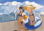  2girls absurdres bikini black_bikini blonde_hair blue_bikini blue_sky breasts cloud cloudy_sky commentary_request crane666 eyewear_on_head feet_out_of_frame front-tie_bikini_top front-tie_top gakuen_idolmaster green_eyes grey_hair hat highres holding holding_swim_ring idolmaster long_hair medium_breasts mountainous_horizon multiple_girls multiple_hair_clips navel off_shoulder orange_eyes outdoors parted_bangs parted_lips photo_background shinosawa_hiro shirt side-tie_bikini_bottom sidelocks sky small_breasts smile standing stomach straw_hat sun_hat sunglasses swim_ring swimsuit tsukimura_temari underboob white_shirt 