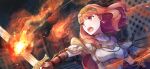  1girl armor black_gloves breastplate celica_(fire_emblem) choker earrings fingerless_gloves fire fire_emblem fire_emblem_echoes:_shadows_of_valentia gloves holding holding_sword holding_weapon jewelry long_hair magic open_mouth princess red_eyes red_hair solo sword tarayuki tiara weapon white_armor 