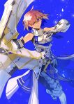  1girl armor bare_shoulders blue_background breasts fate/grand_order fate_(series) hair_over_one_eye highres holding holding_shield kashia mash_kyrielight medium_breasts pink_hair purple_eyes shield simple_background solo white_armor 