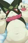 2025 3_fingers ambiguous_anthro ambiguous_gender anthro bedding bedding_background belly claws colored digital_media_(artwork) felid feline finger_claws fingers frill_(anatomy) front_view fur generation_9_pokemon green_body green_fur half-length_portrait hi_res high-angle_view kemono looking_at_viewer lying mammal mask meowscarada monotone_body monotone_fur navel neck_frill nintendo nude on_back paw_pose pawpads paws pink_pawpads pokemon pokemon_(species) portrait pose pupils red_eyes route_(ronto) shaded slightly_chubby slightly_chubby_ambiguous slightly_chubby_anthro solo