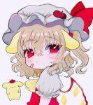  1girl :t animal_ears artist_name ascot bandaid beret blonde_hair chromatic_aberration eyebrows_visible_through_hair eyes_visible_through_hair flandre_scarlet hair_between_eyes hat highres medium_hair mob_cap one_side_up pointy_ears pompompurin pout puffy_short_sleeves puffy_sleeves red_eyes renakobonb ribbon sanrio short_sleeves simple_background solo touhou twitter_username white_background wings yellow_neckwear 