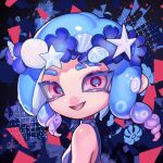 1girl bare_shoulders blue_hair blue_shirt breasts drill_hair eyebrow_cut fang flower_wreath gradient_hair head_wreath highres looking_at_viewer medium_hair multicolored_hair nezumi_(tuboshu2013) octoling octoling_girl octoling_player_character open_mouth parted_bangs pink_eyes pink_hair portrait shirt sleeveless sleeveless_shirt smile solo splatoon_(series) twin_drills 
