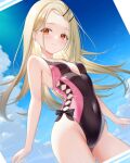  1girl akiei bare_shoulders blonde_hair blue_sky blush breasts competition_swimsuit covered_navel cowboy_shot gakuen_idolmaster highleg highleg_one-piece_swimsuit highres idolmaster long_hair looking_at_viewer multicolored_swimsuit one-piece_swimsuit outdoors red_eyes shinosawa_hiro side-tie_swimsuit sky small_breasts smile solo swimsuit wading 