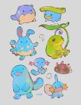  azumarill closed_mouth commentary english_commentary fangs grey_background highres holding ieafy leaf_umbrella lotad mudkip no_humans open_mouth pokemon pokemon_(creature) politoed pyukumuku quagsire simple_background solid_oval_eyes spheal water_drop wooper 