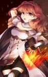  1girl absurdres armor black_skirt black_thighhighs breastplate cape celica_(fire_emblem) dress fingerless_gloves fire fire_emblem fire_emblem_echoes:_shadows_of_valentia gloves highres long_hair magic open_mouth orange_eyes orange_hair princess red_eyes red_hair skirt solo tapume thighhighs tiara white_armor white_dress 