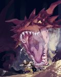  2020 breath dera_kimidori dragon duo feral hi_res human j._r._r._tolkien larger_feral macro male mammal middle-earth_(tolkien) mouth_shot open_mouth pink_tongue red_body red_scales running running_away scales scalie sharp_teeth size_difference smaller_human smaug teeth the_hobbit tongue treasure_hoard western_dragon yellow_sclera 