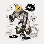  ! !! 1boy black_boots black_gloves boots clenched_hands facing_viewer ferrofluid fishbowl_helmet gloves hand_up highres imainacup jumpsuit male_focus object_head paper puff_of_air reverse:1999 solo speech_bubble thigh_boots ulrich_(reverse:1999) vinyl_record watermark white_background white_jumpsuit x 