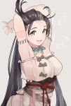  1girl arms_behind_head black_hair body_markings breasts brown_eyes dress facial_mark fate/grand_order fate_(series) forehead forehead_mark highres himiko_(fate) long_hair magatama magatama_necklace no_bra side_slit sideboob topknot upper_body urayamashiro_(artist) very_long_hair white_dress 