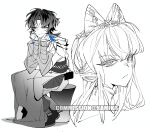  1boy 1girl annoyed bandaged_arm bandages black_hair blue_hair blunt_bangs boots bored bow close-up colored_tips commission disdain earrings full_body grey_eyes greyscale hair_bow hair_ornament head_rest headdress headshot highres hime_cut japanese_clothes jewelry jitome kamika layered_sleeves leaning_forward lineart long_hair long_sleeves looking_at_viewer looking_to_the_side messy_hair monochrome multicolored_hair multiple_views original own_hands_clasped own_hands_together pants parted_bangs pensive people portrait reference_sheet robe sash scowl short_hair sidelocks simple_background sitting sketch sleeves_past_wrists spot_color streaked_hair tsurime upper_body watermark white_background wide_sleeves 