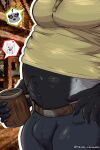 2025 5_fingers anthro badger beer_mug belly bodily_fluids bottomwear bulge close-up clothing container cougar cup echo echo_(game) echo_(series) echo_project felid feline fingers fur heart_symbol hi_res holding_container holding_cup holding_object male mammal merlocleonidas mustelid musteline nails nikolai_krol pants question_mark samuel_ayers shirt solo stop_putting_this_image_on_my_timeline_you&#039;re_making_me_act_up_(meme) sweat sweatdrop the_smoke_room topwear
