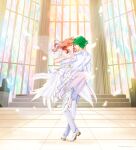  1boy 1girl absurdres alm_(fire_emblem) ballroom carrying carrying_person celica_(fire_emblem) church dancing dress fire_emblem fire_emblem_echoes:_shadows_of_valentia gold_trim green_eyes green_hair hetero highres long_hair prince princess red_eyes red_hair shoes short_hair stained_glass thighhighs tiara tonyblaze tuxedo wedding wedding_dress white_dress white_shoes white_thighhighs window 