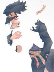  2boys belt black_coat black_hair black_hat black_pants chain closed_eyes coat commentary dissolving gakuran gold_chain grapeichi green_belt grey_shirt hand_in_pocket hat highres jojo_no_kimyou_na_bouken kakyoin_noriaki kujo_jotaro long_coat long_sleeves male_focus multiple_belts multiple_boys pants red_belt school_uniform shirt short_hair silhouette stardust_crusaders triangle_print white_background yellow_belt 