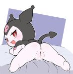absurd_res anthro anus bed blush butt chibi clitoral_hood clothed clothing cute_fangs digital_media_(artwork) fangs female fool&#039;s_hat fur furniture genitals hat headgear headwear hi_res kororin kuromi lagomorph leporid looking_at_viewer looking_back looking_back_at_viewer lying mammal nude on_bed on_front onegai_my_melody open_mouth presenting presenting_anus presenting_hindquarters presenting_vulva rabbit rear_view red_eyes sanrio short_stack simple_background smile solo spade_tail tail teeth vulva white_body white_fur