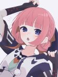  1girl :o absurdres arm_up black_gloves blue_eyes blush double_bun fang fingerless_gloves gloves hair_bun highres jacket kaf_(kamitsubaki_studio) kamitsubaki_studio looking_at_viewer notice_lines open_mouth pink_hair pom_pom_(clothes) saka_(sa_ka) shirt short_hair short_sleeves sidelocks simple_background skin_fang solo upper_body 