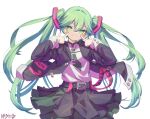  1girl aqua_hair baronilu belt black_jacket black_skirt blush cowboy_shot fingersmile floating_hair green_eyes green_hair green_necktie grin hair_between_eyes hair_ornament hands_up hatsune_miku jacket layered_skirt long_hair long_sleeves looking_at_viewer multicolored_skirt necktie open_clothes open_jacket pleated_skirt pointing pointing_at_self purple_jacket shirt simple_background skirt smile solo twintails two-tone_skirt very_long_hair vocaloid white_background white_shirt 