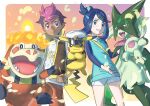  1boy 1girl absurdres animal_hands black_hair blue_eyes blue_hair body_fur breasts captain_pikachu claws closed_mouth cowlick crocalor dark-skinned_male dark_skin eyelashes furry goggles green_fur hair_bun hair_ornament hairclip half-closed_eyes hat highres holding jacket liko_(pokemon) looking_at_viewer meowscarada multicolored_hair official_art open_clothes open_mouth pikachu pink_hair pokemon pokemon_(anime) pokemon_(creature) pokemon_horizons red_eyes roy_(pokemon) shirt short_hair short_sleeves shorts smile standing tail teeth tongue two-tone_fur two-tone_hair white_shirt 