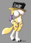  absurd_res anthro badroy big_breasts bound breasts canid canine canis clothing digimon digimon_(species) encasement hal_greaves hi_res hoop huge_breasts male mammal renamon rubber solo suit transformation wolf 