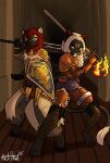 anor_londo armor bear213 black_body black_fur dark_souls felid feline fire fromsoftware fur hair hallway hi_res inside long_hair magic male mammal melee_weapon red_hair shield sword weapon white_hair