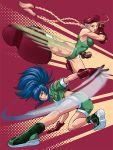  2girls blonde_hair blue_eyes blue_hair boots braid cammy_white capcom coinboxtees combat_boots fighting_stance fingerless_gloves gloves green_jacket green_shorts hat jacket leona_heidern leotard multiple_girls muscle muscular_female ponytail shorts snk street_fighter the_king_of_fighters 