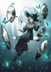  1girl aqua_butterfly black_shoes black_skirt blue_background brown_hair collared_shirt commission different_reflection eyewear_strap feathers full_body glasses gloves gradient_background green_eyes green_feathers green_hat green_jacket hat hat_feather highres holding holding_umbrella jacket kakania_(reverse:1999) long_hair long_skirt low_ponytail mirror neck_ribbon newsboy_cap ponytail red_ribbon reflection reverse:1999 ribbon shirt shoes sitting skirt solo too_many_watermarks umbrella umbrella_over_shoulder watermark white_gloves white_shirt white_umbrella zhima_xing_bingle 